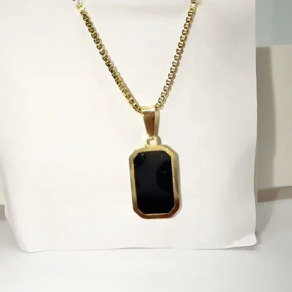 18K Gold Plated Stainless Steel Necklace Black Pendant - Picture 8 of 12